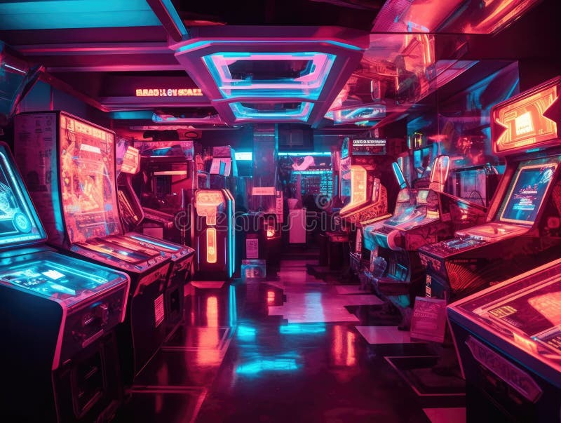 Futuristic Arcade Room with Neon Games and Holographic Posters Stock ... Holographic Arcade Games: Stepping Into the Future